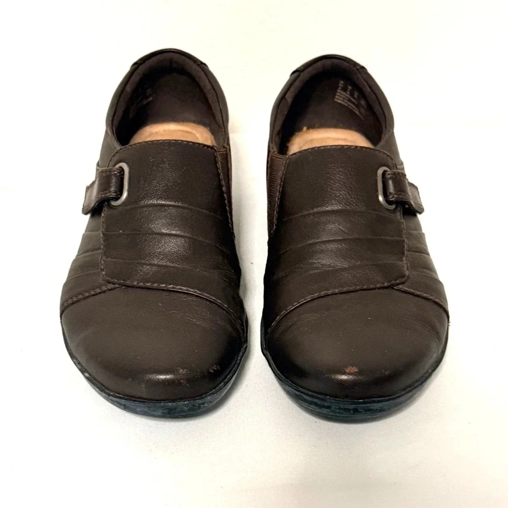 Clarks Collection Everlay Luna Shoes Sz 6 Brown Leather Hook Loop Strap Slip On